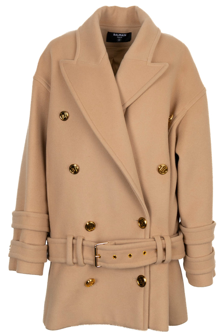 BALMAIN Oversized Belted Double Breasted Short Coat Beige