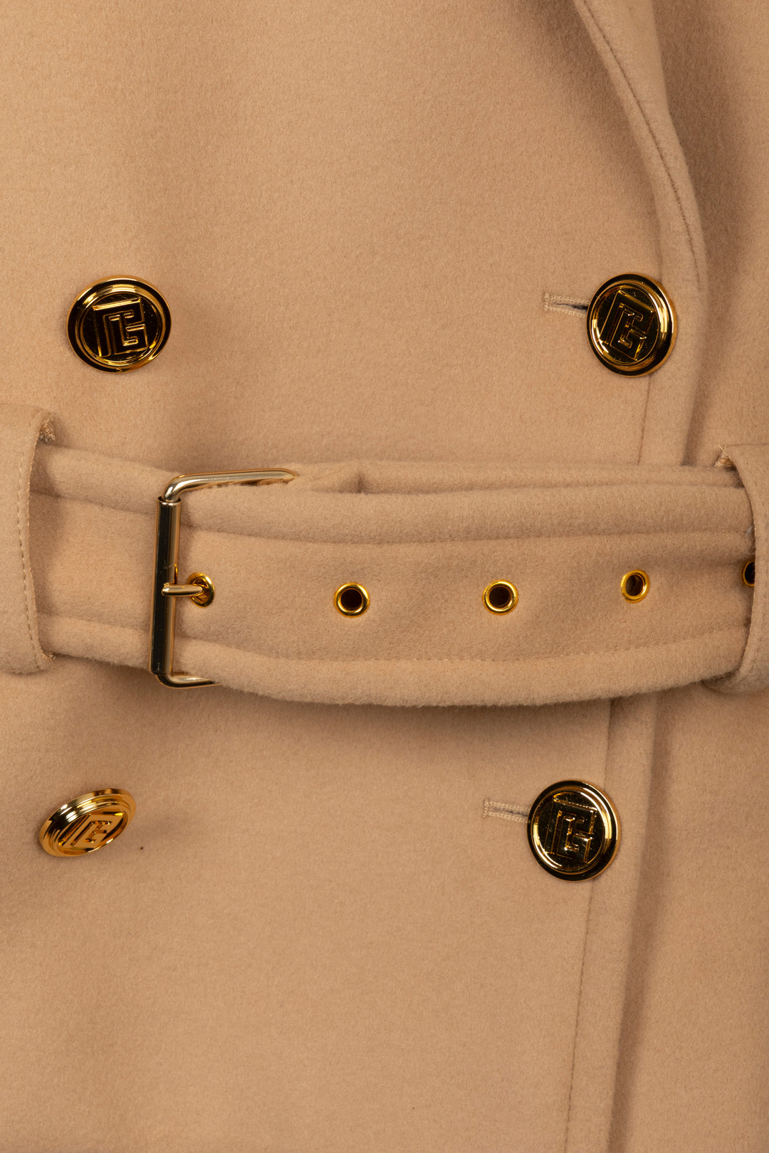 BALMAIN Oversized Belted Double Breasted Short Coat Beige