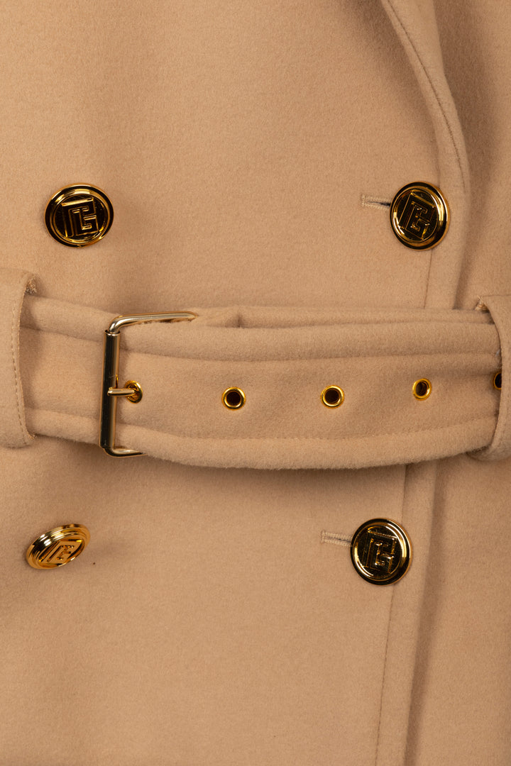 BALMAIN Oversized Belted Double Breasted Short Coat Beige