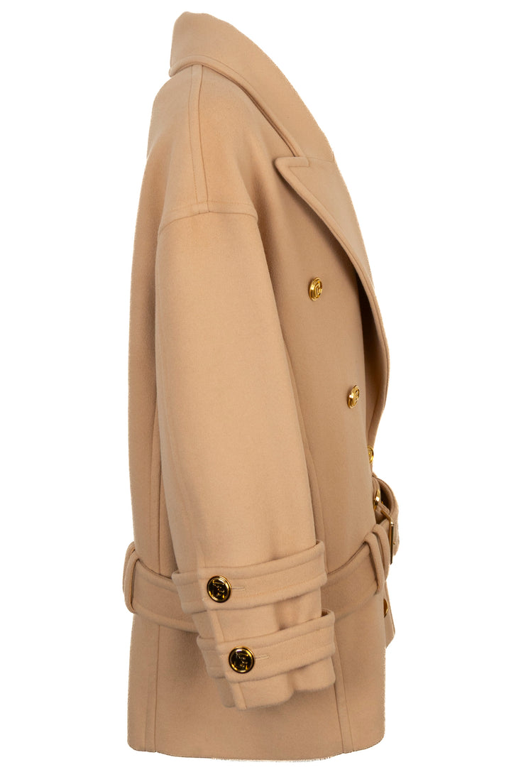 BALMAIN Oversized Belted Double Breasted Short Coat Beige