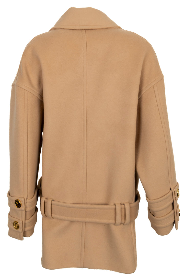 BALMAIN Oversized Belted Double Breasted Short Coat Beige