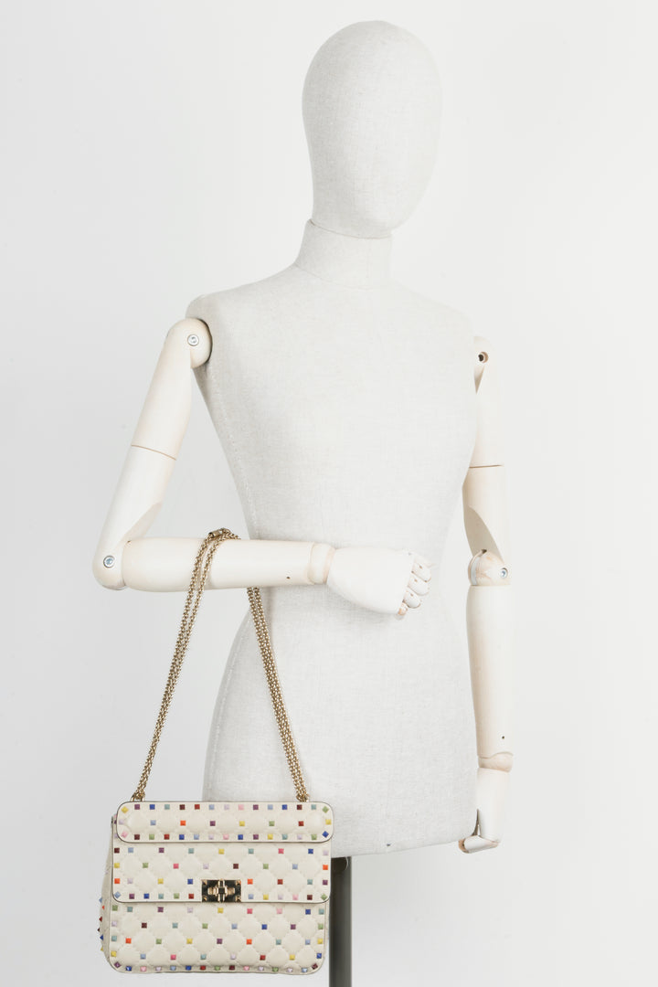 VALENTINO Medium Rockstud Spike Bag Creme Multicolor