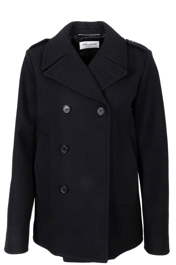 SAINT LAURENT 2021 Double Breasted Peacoat Wool Black