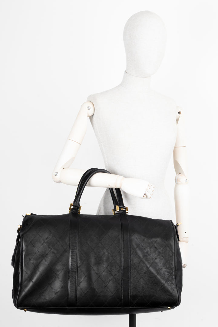 CHANEL Quilted Weekender Leather Black