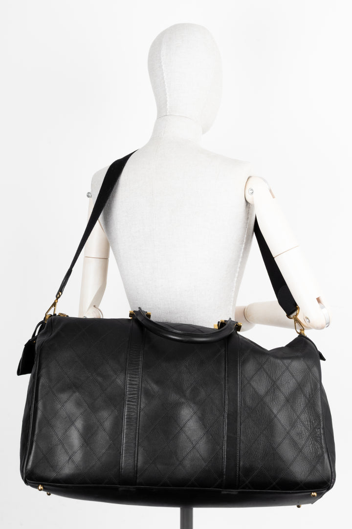 CHANEL Quilted Weekender Leather Black