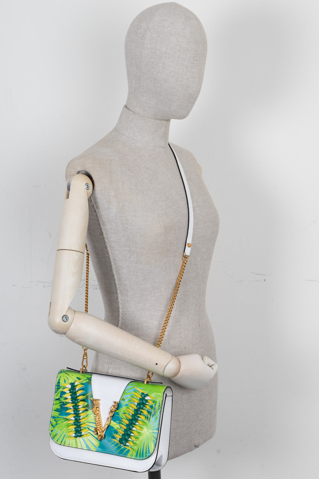 VERSACE Virtus Jungle Print Shoulder Bag Leather White Green