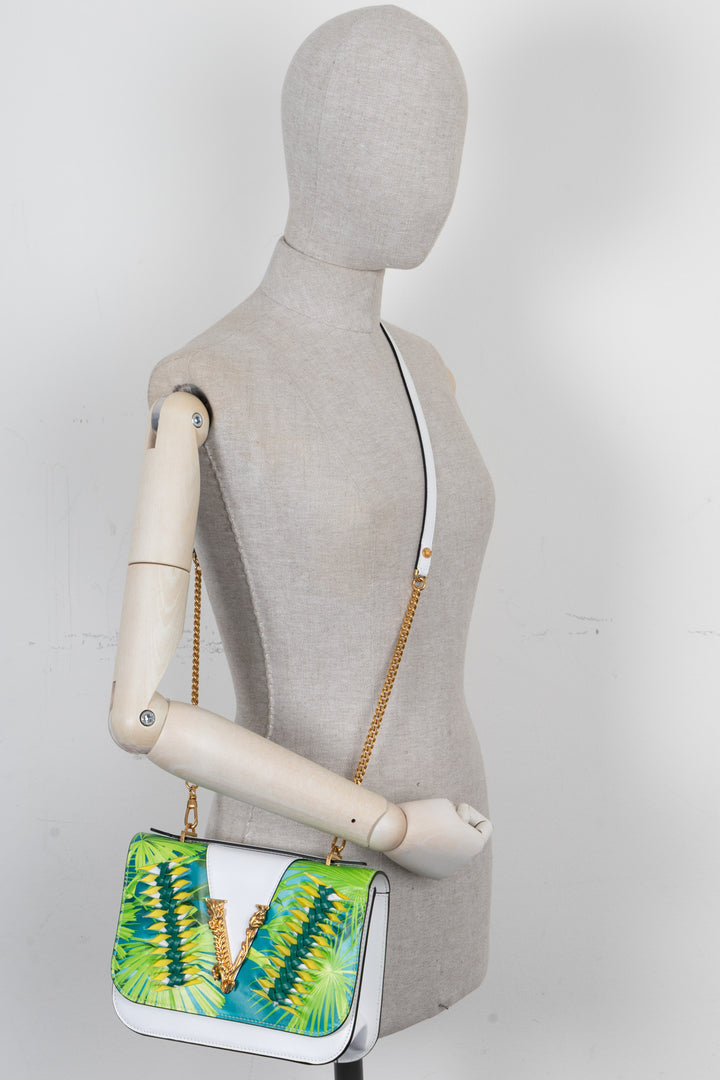 VERSACE Virtus Jungle Print Shoulder Bag Leather White Green