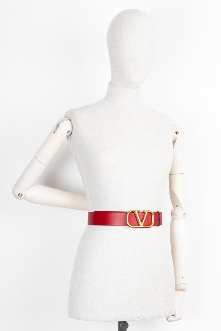 VALENTINO Reversible V Logo Belt Leather Black Red