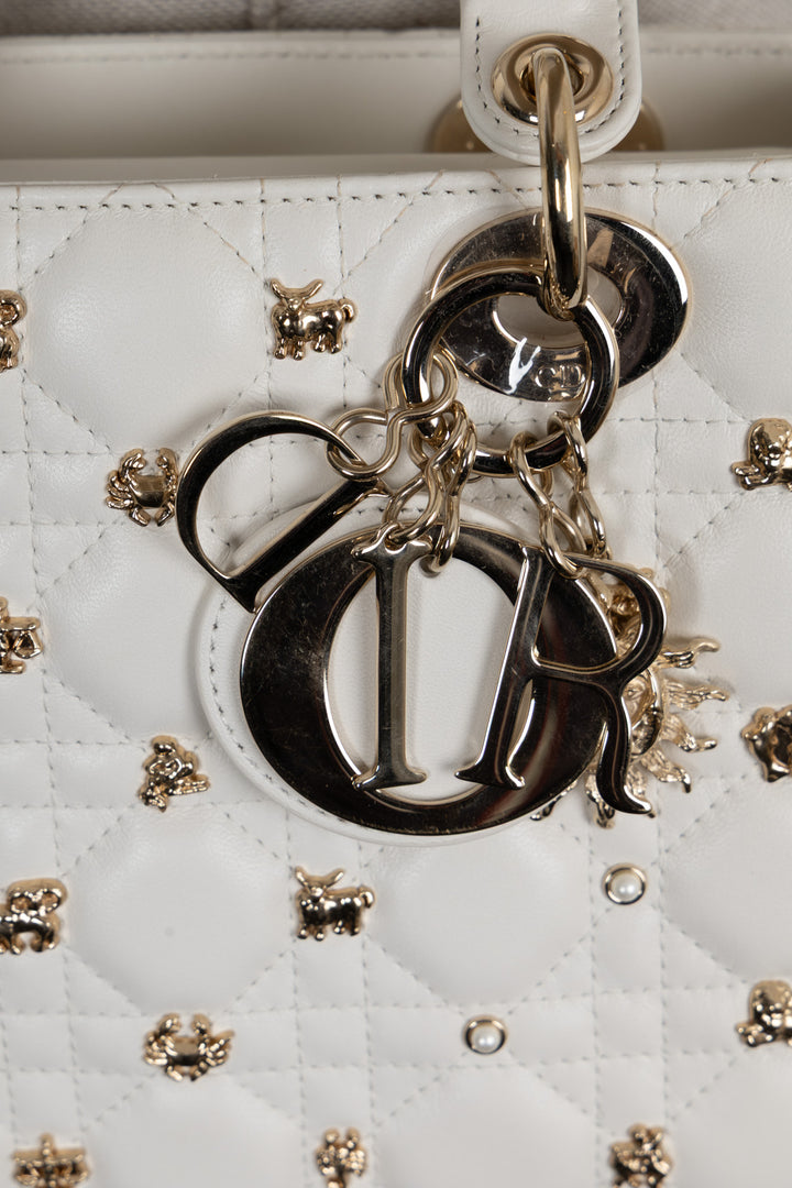 CHRISTIAN DIOR Lady Dior Zodiac Sign Small Leather White