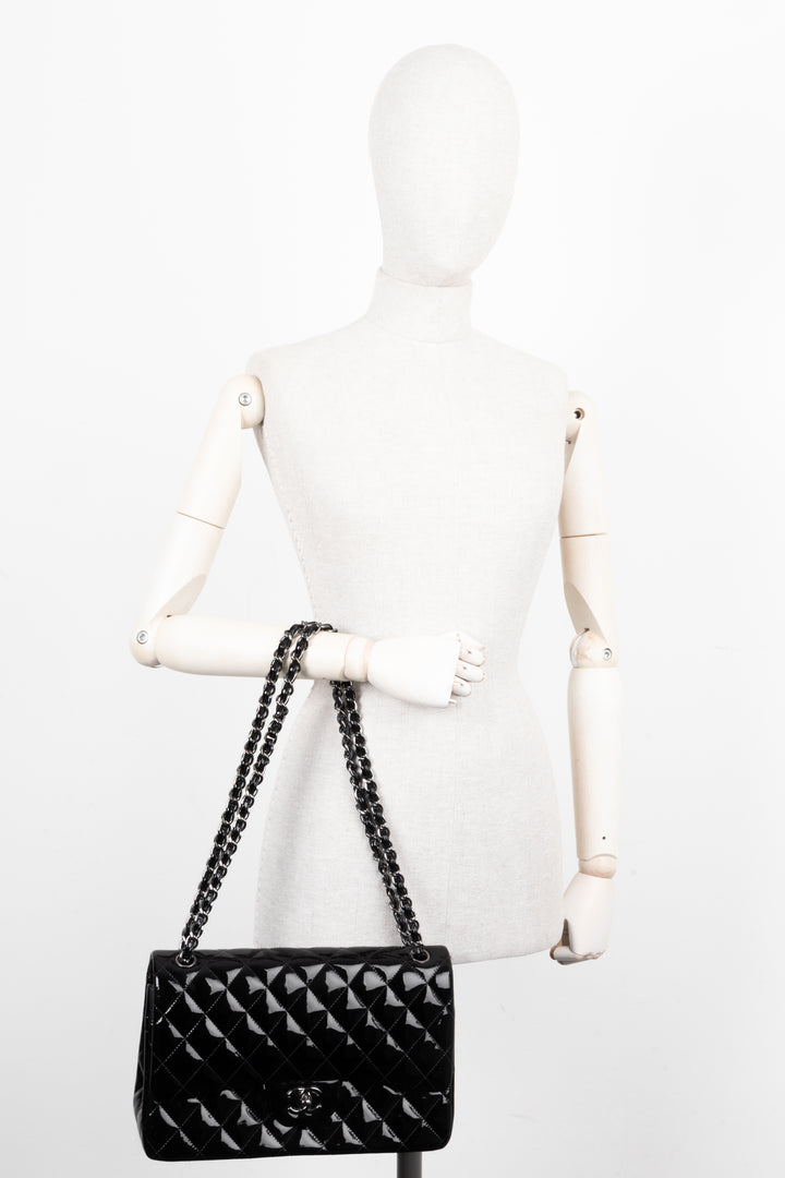 CHANEL Large Double Flap Patent Black