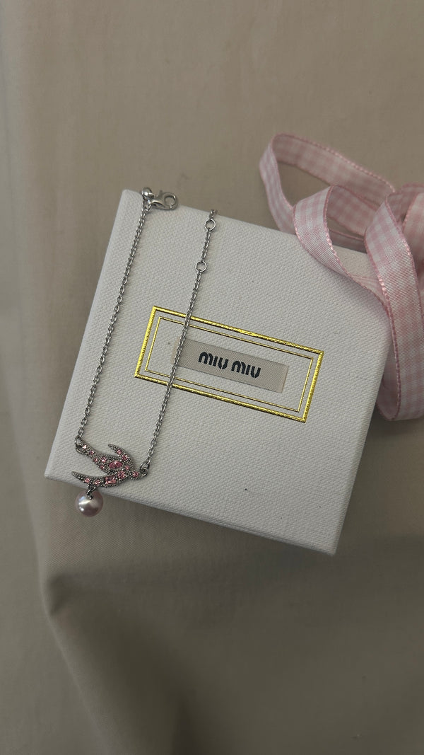 MIUMIU Bird Pearl Bracelet with Extra Lace Pink