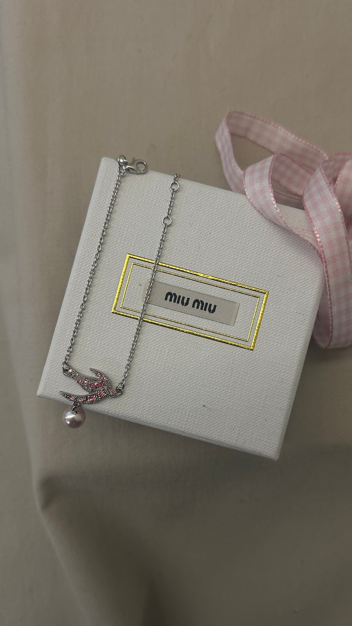 MIUMIU Bird Pearl Bracelet with Extra Lace Pink