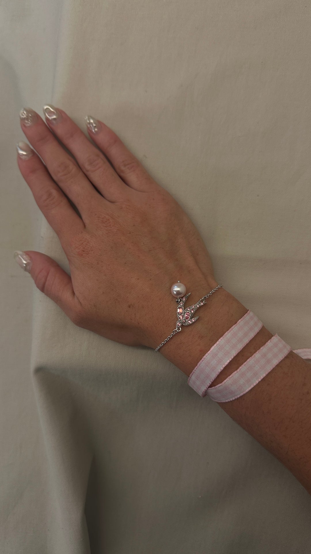 MIUMIU Bird Pearl Bracelet with Extra Lace Pink