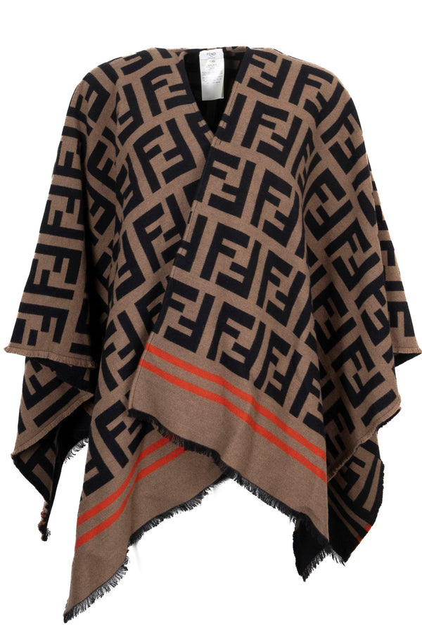 FENDI Poncho imprimé Zucca en laine Marron