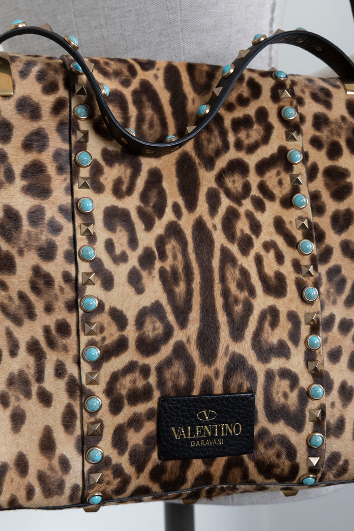 Sac Valentino Rockstud Rolling en poulain imprimé léopard marron