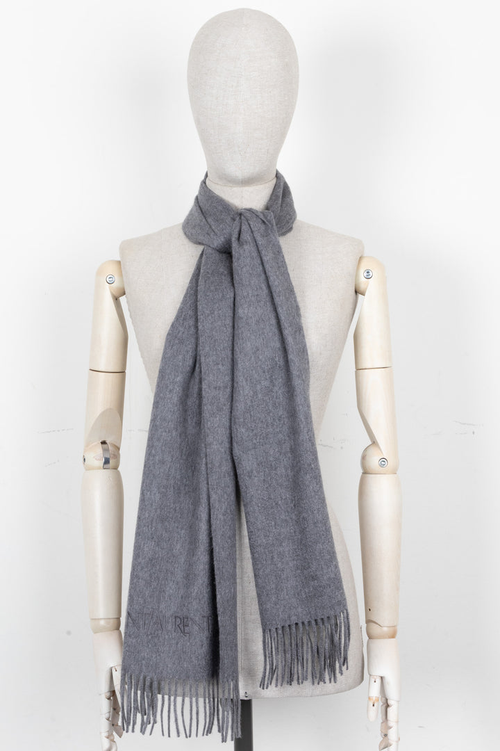 SAINT LAURENT Embroidered Fringed Scarf Cashmere Gray
