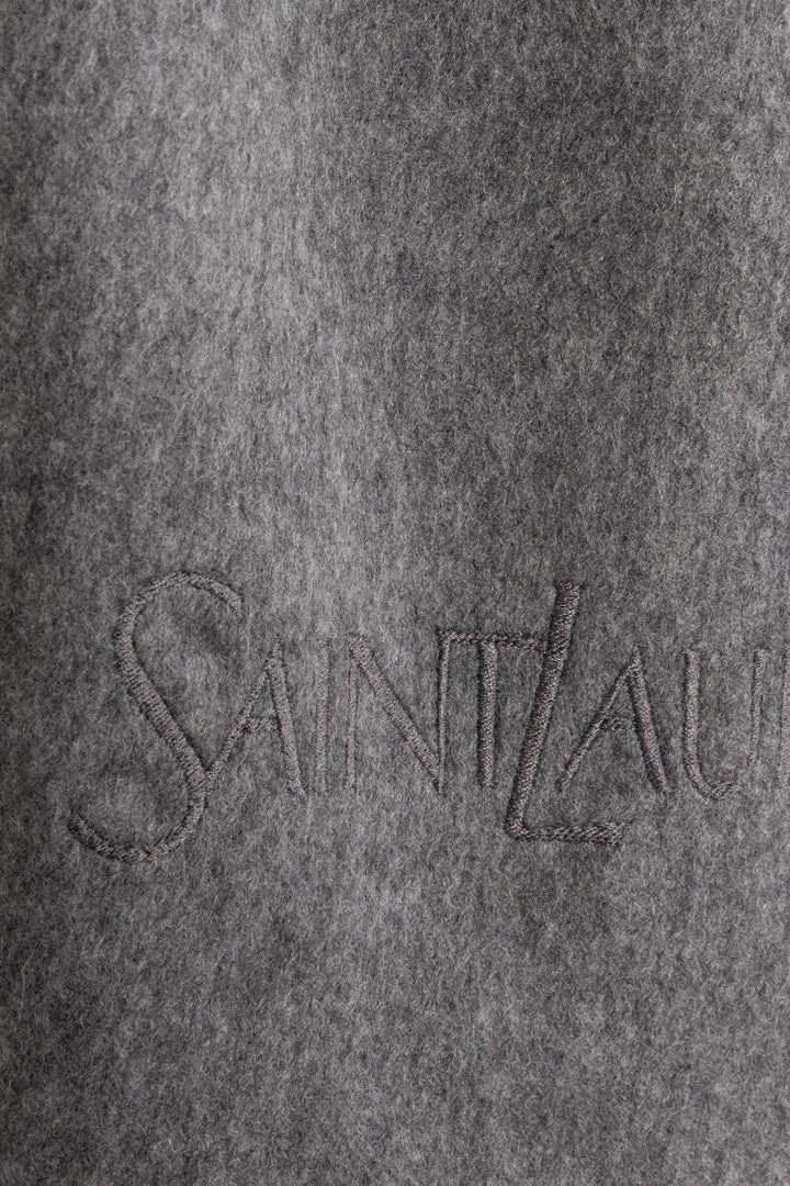 SAINT LAURENT Embroidered Fringed Scarf Cashmere Gray