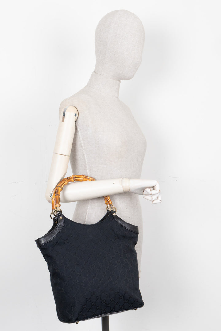 GUCCI Bamboo Handle Hobo Bag GG Black