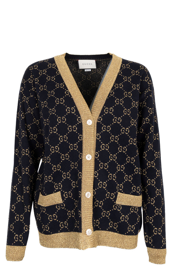 GUCCI GG Lurex Knit Cardigan Navy Gold