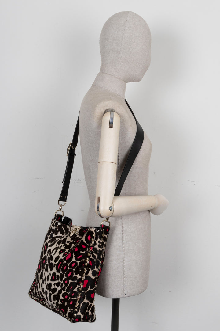 VALENTINO Rockstud Tote Bag Pony Hair Leopard Print Pink