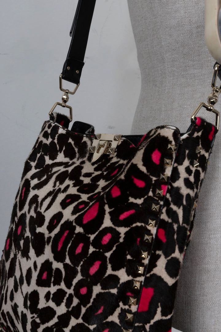 VALENTINO Rockstud Tote Bag Pony Hair Leopard Print Pink