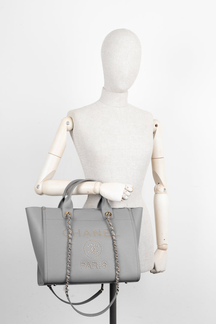 CHANEL Medium Deauville Bag Studded Leather Grey