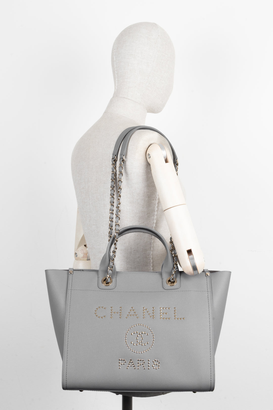 CHANEL Medium Deauville Bag Studded Leather Grey