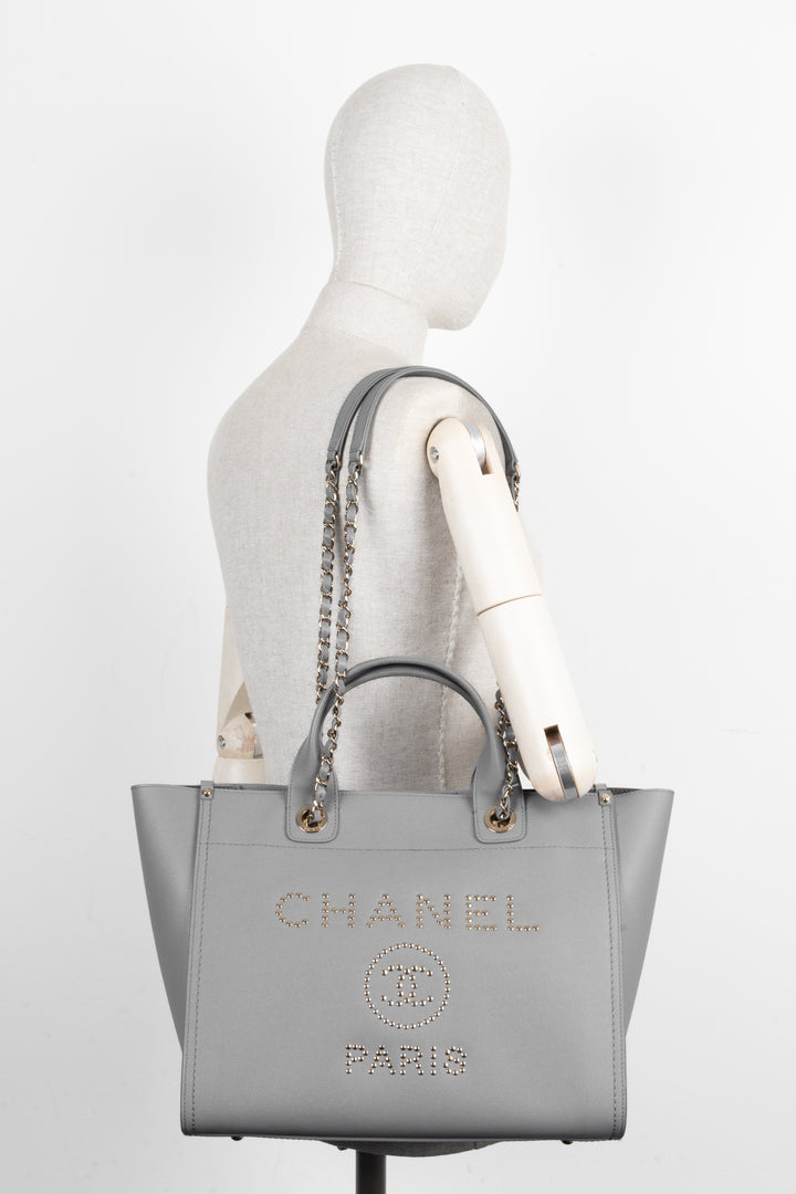 CHANEL Medium Deauville Bag Studded Leather Grey