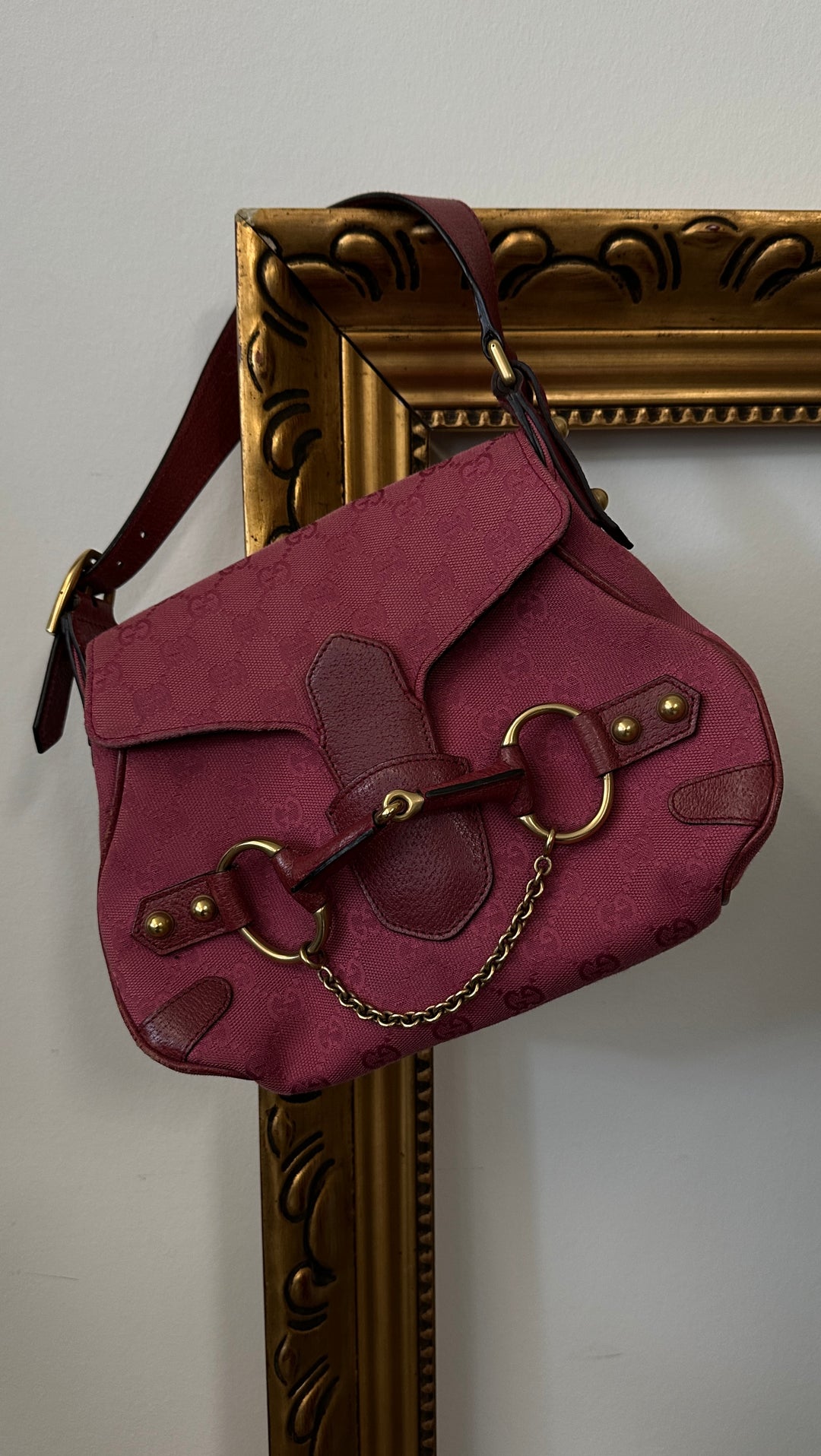 GUCCI Horsebit Flap Shoulder Bag Bordeaux Pink