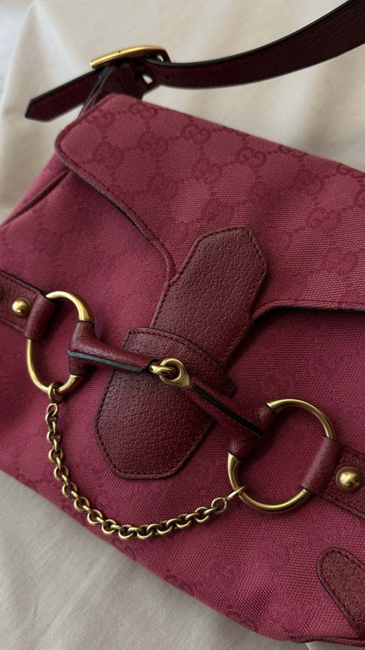 GUCCI Horsebit Flap Shoulder Bag Bordeaux Pink