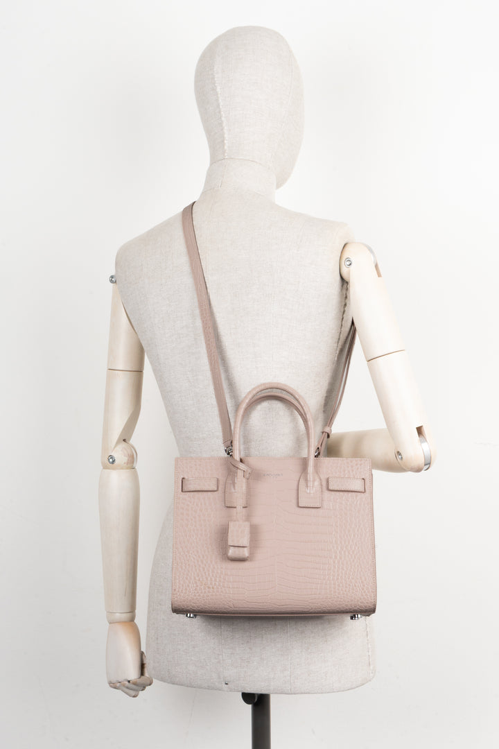 SAINT LAURENT Small Sac de Jour Croco Embossed Nude