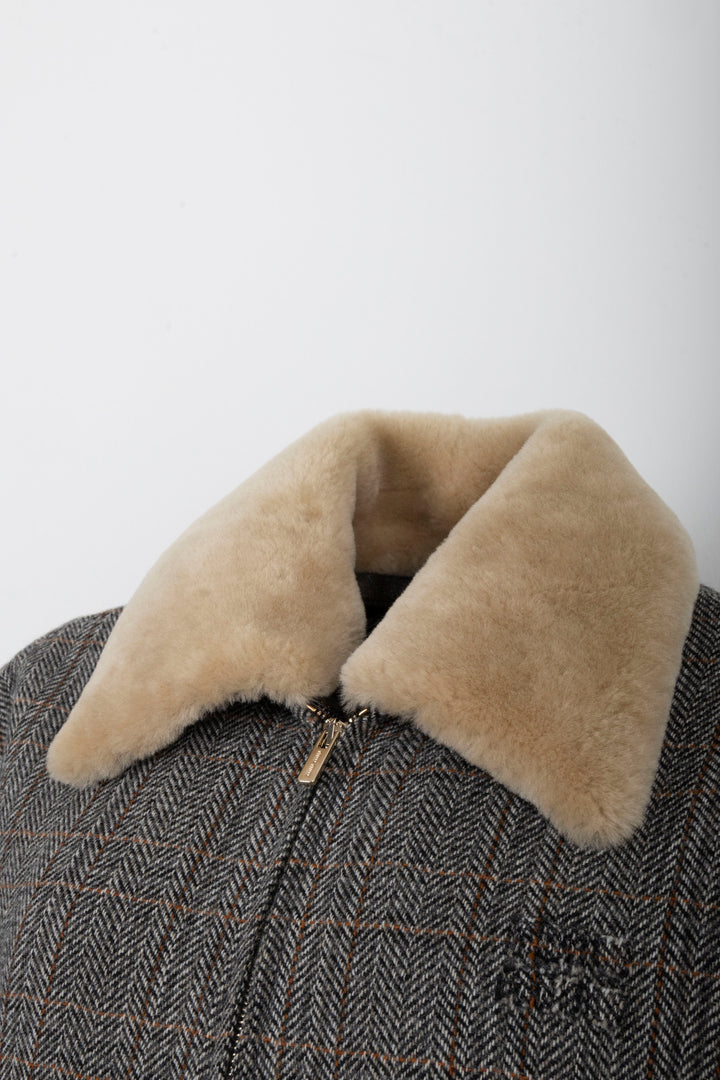 MIUMIU Slate Grey Chevron Shearling Blouse Jacket