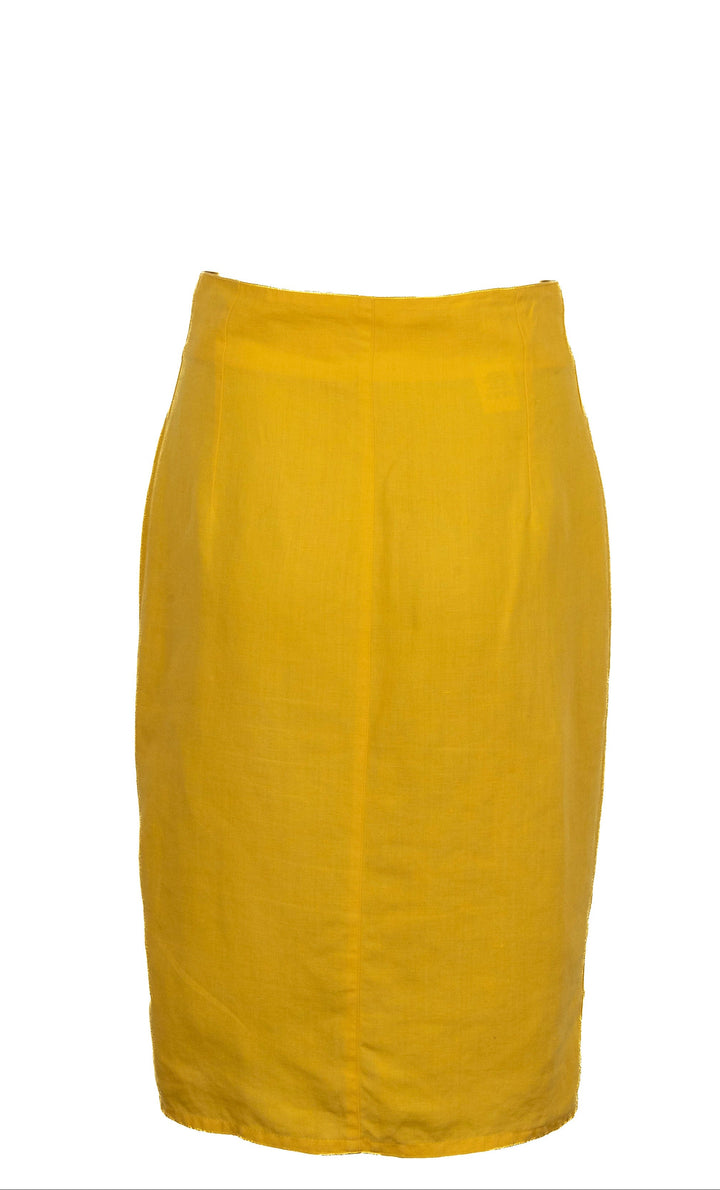 GIANNI VERSACE Jupe crayon boutonnée en lin jaune