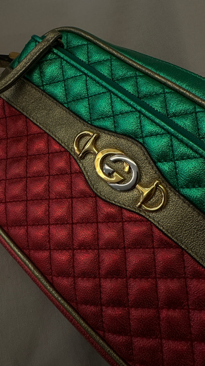 GUCCI Zumi Striped Clutch Red Green
