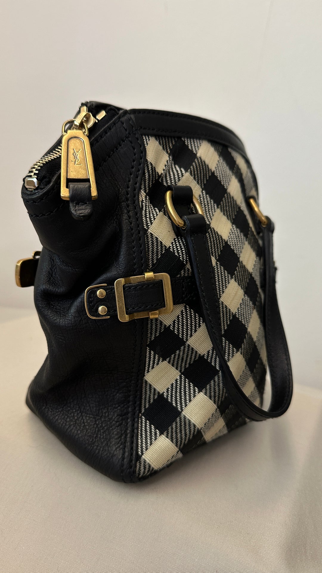 YSL Check Mini Tote Bag Black White