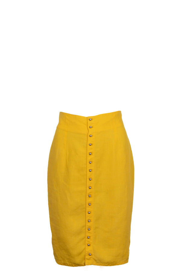 GIANNI VERSACE Jupe crayon boutonnée en lin jaune