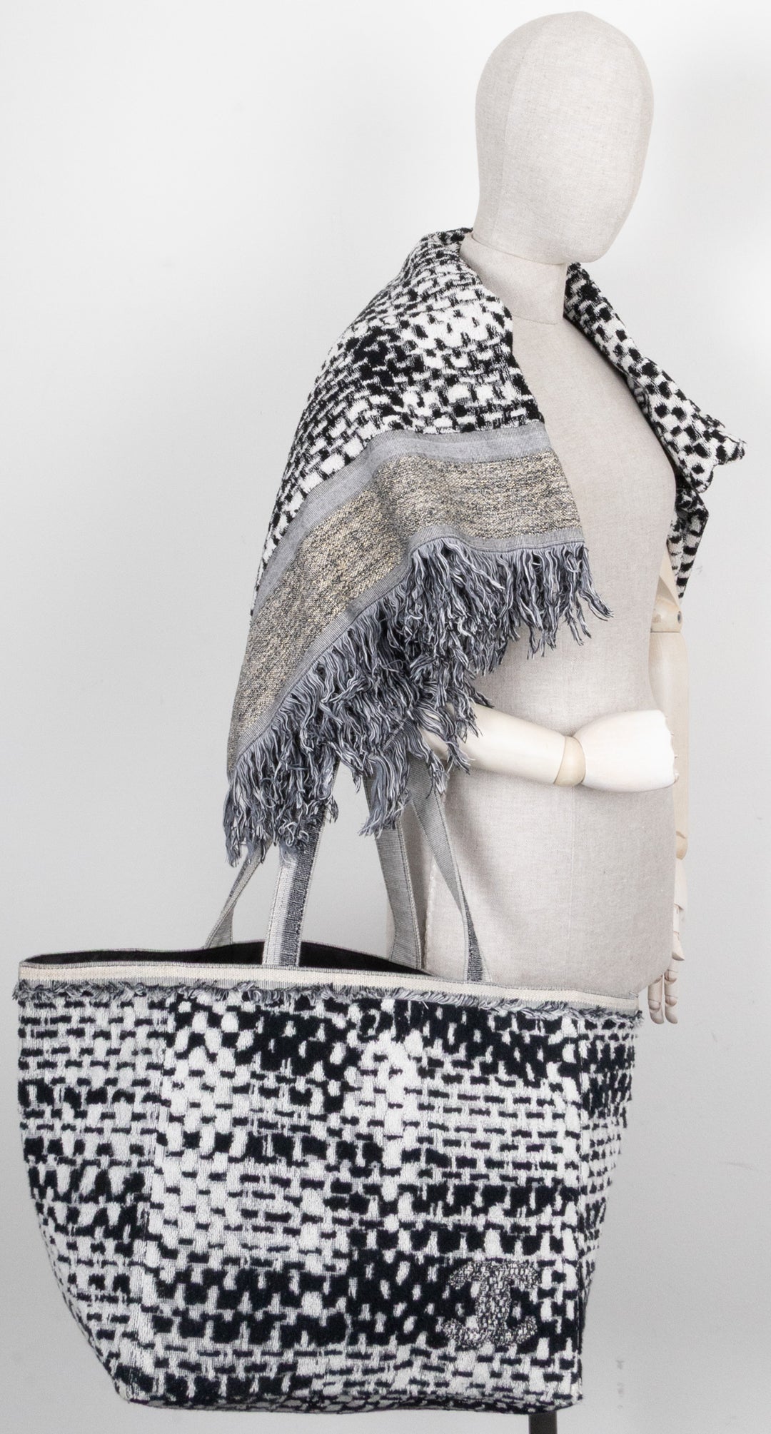 CHANEL CC Terrycloth Beach Shoulder Bag Black White