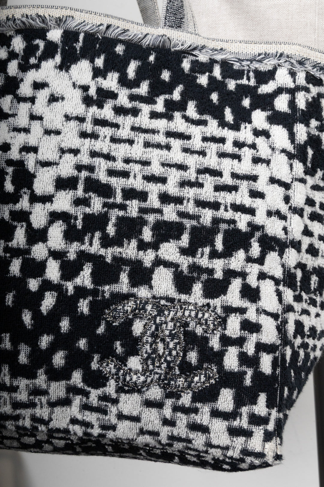 CHANEL CC Terrycloth Beach Shoulder Bag Black White