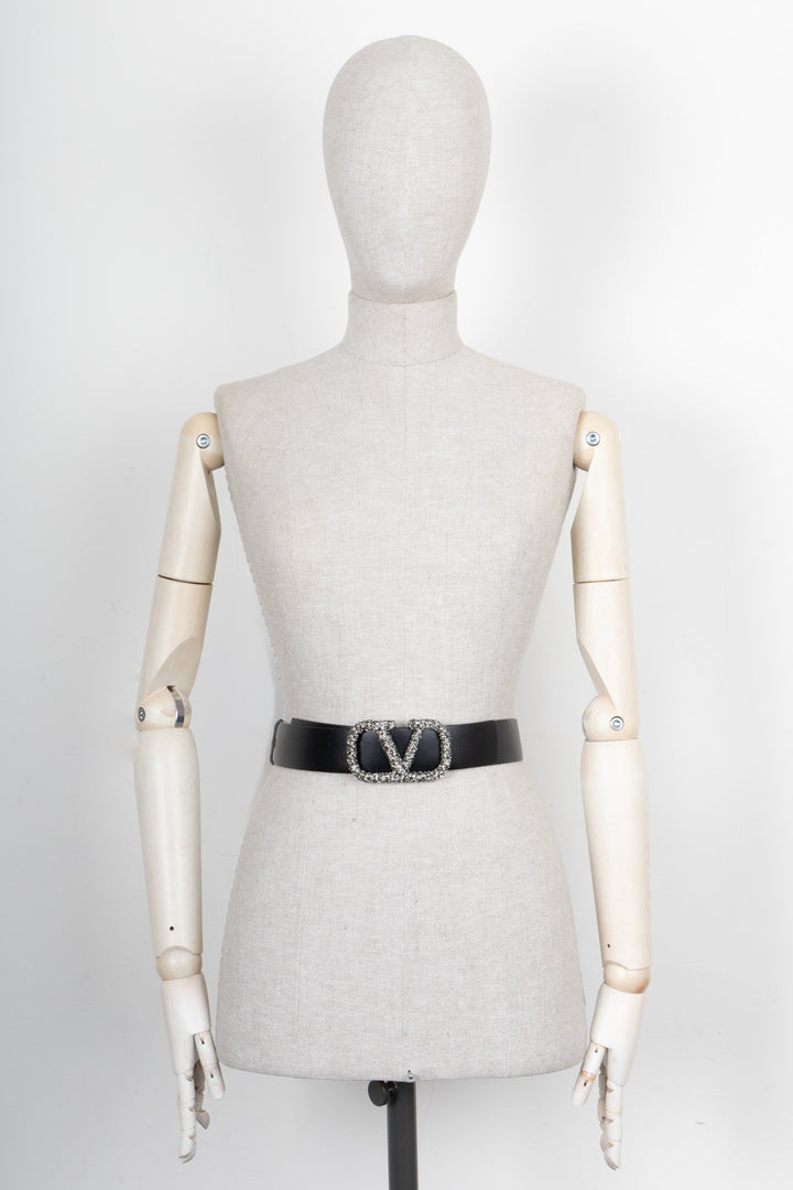 VALENTINO V-Logo Reversible Belt Crystals Black Gold