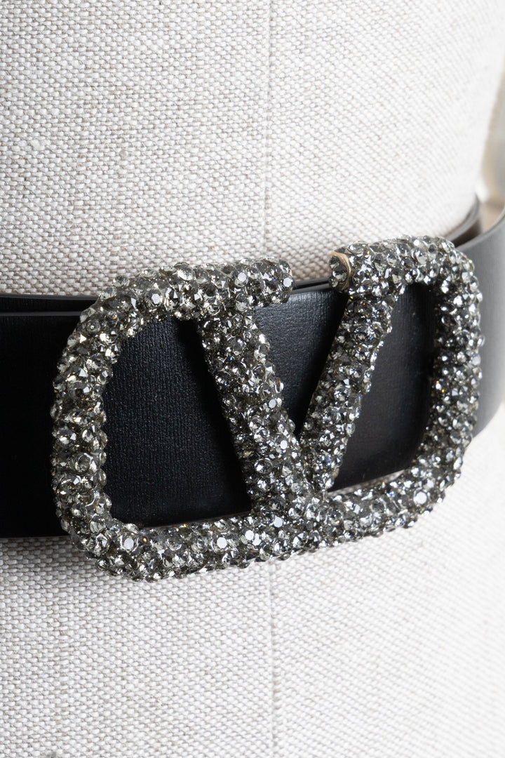 VALENTINO V-Logo Reversible Belt Crystals Black Gold