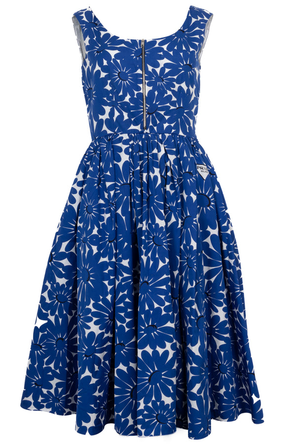 Robe mi-longue PRADA à imprimé floral bleue et blanche