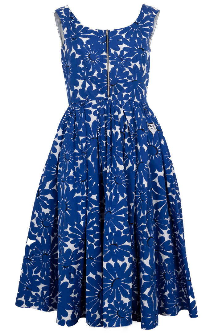 PRADA Flower Print Midi Dress Blue White