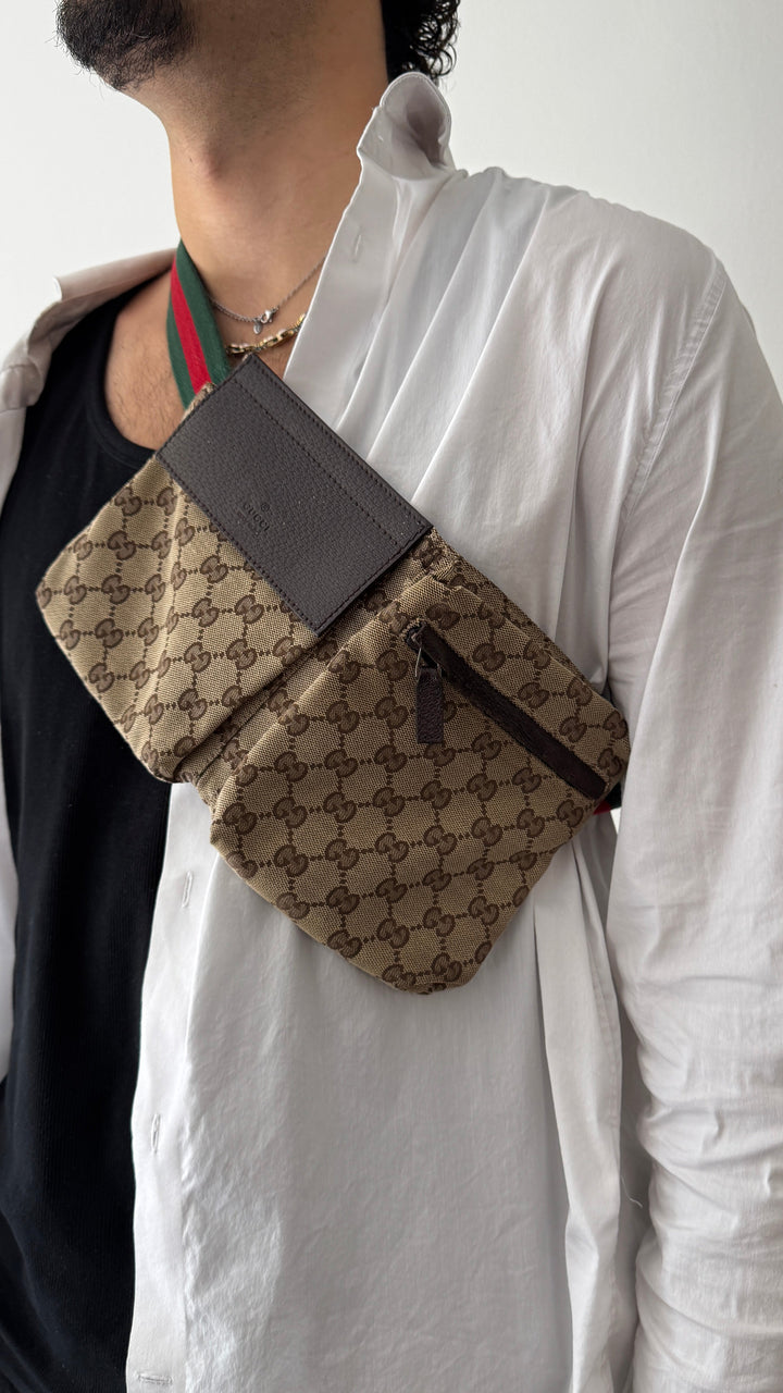 GUCCI GG Double Pocket Belt Bag Canvas Web