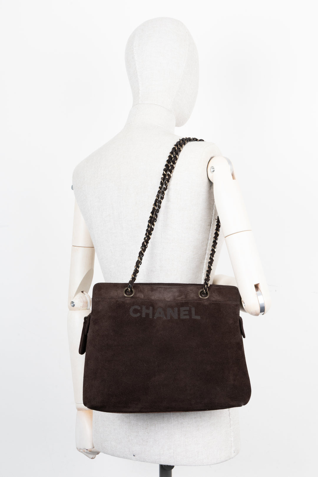 CHANEL Logo Tote Bag Suede Brown