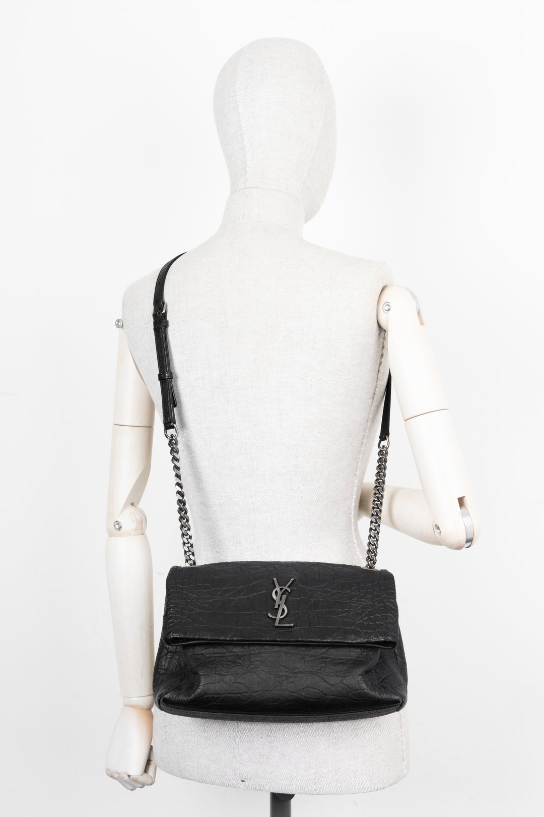 SAINT LAURENT Medium West Hollywood Shoulder Bag Croc Embossed Black