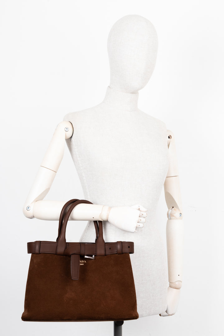 PRADA Medium Buckle Bag Suede Cocoa Brown