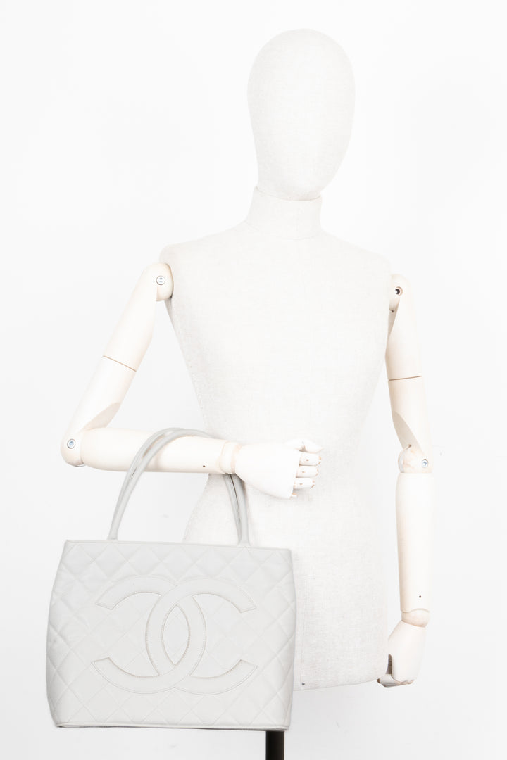 CHANEL Medaillon Tote Bag Leather White