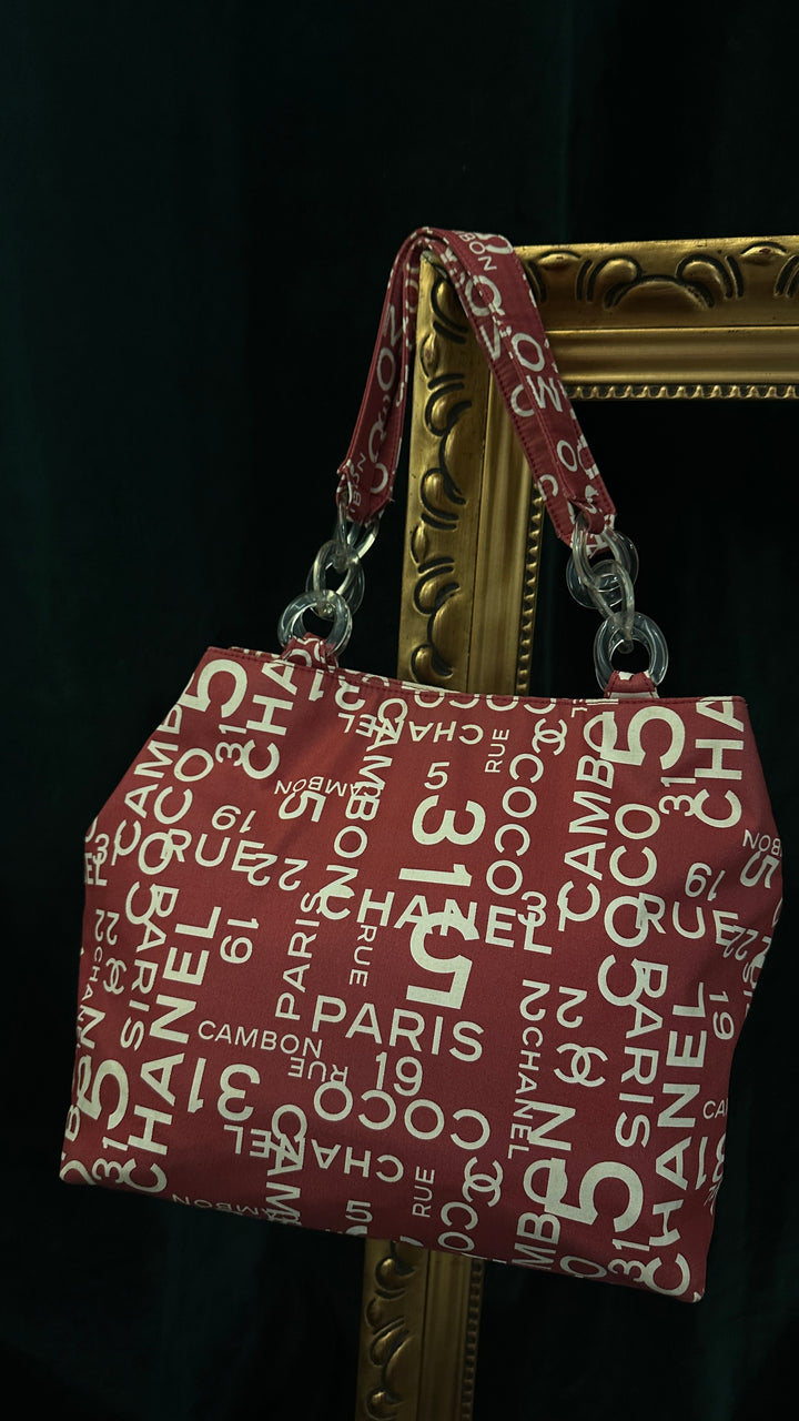 CHANEL Coco Rue Cambon Tote Bag Canvas Red White