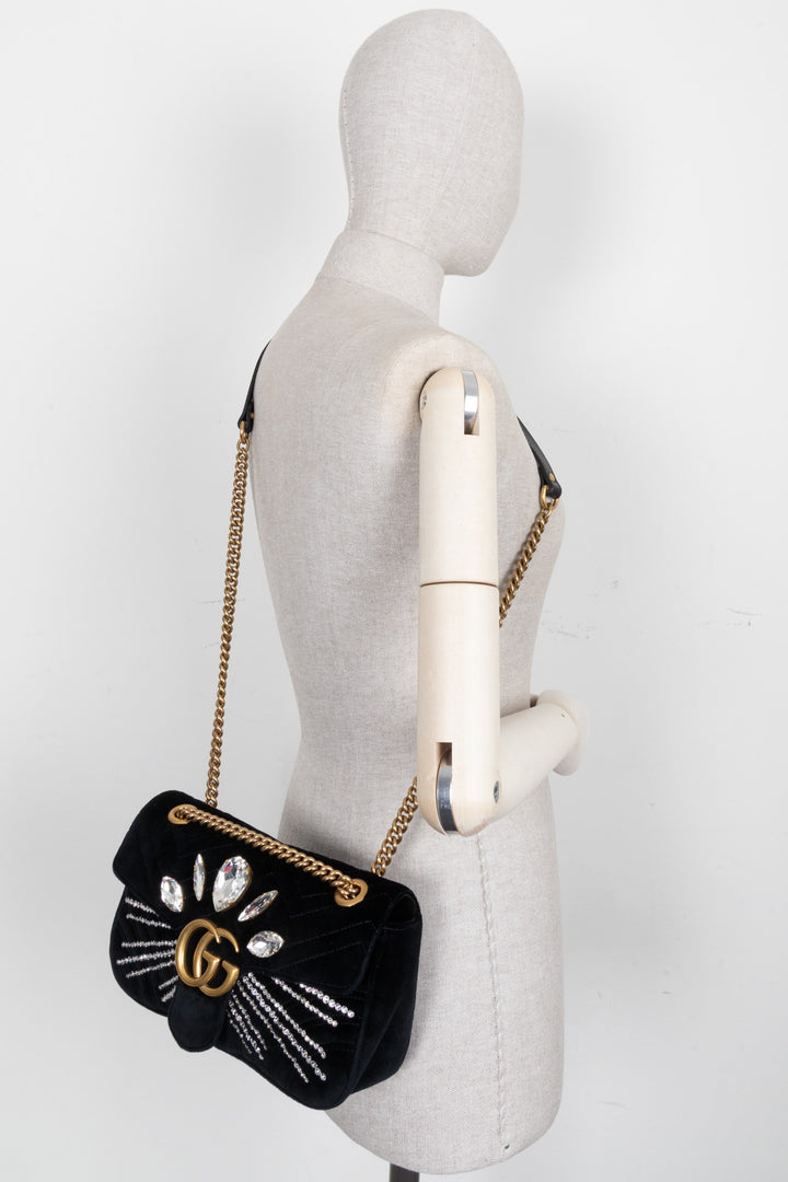 GUCCI Small Marmont Bag Embellished Velvet Black