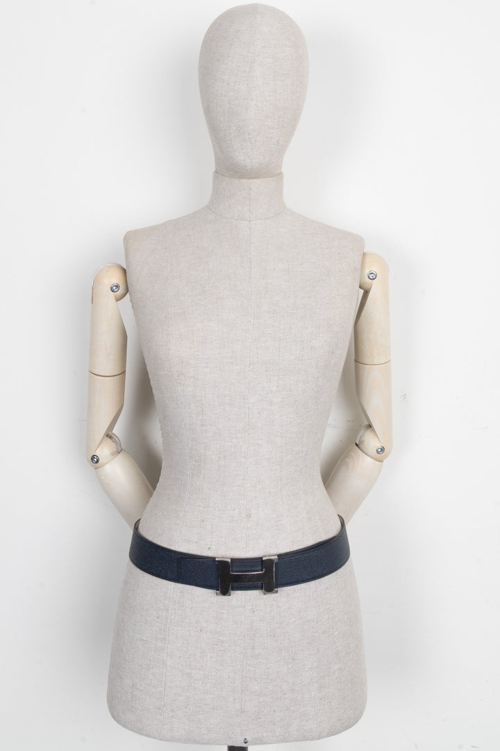 HERMÈS Constance H Belt Epsom Palladium Bleu Blanc